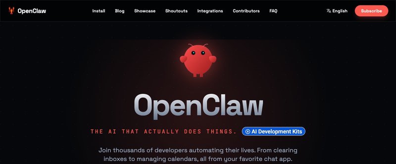 The Open Claw homepage showing their mascot and tagline: The AI That Actually Does Things