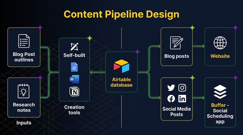 Diagram of the content pipeline design, showing inputs, creation tools, the Airtable database, and outputs to the website and social scheduling
